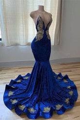 Vestido de fiesta sirena azul real con escote en V, tirantes finos, cuentas, sin mangas y largo hasta el suelo